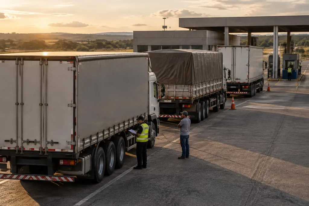 Caminhões e carga sob fiscalização em posto fiscal